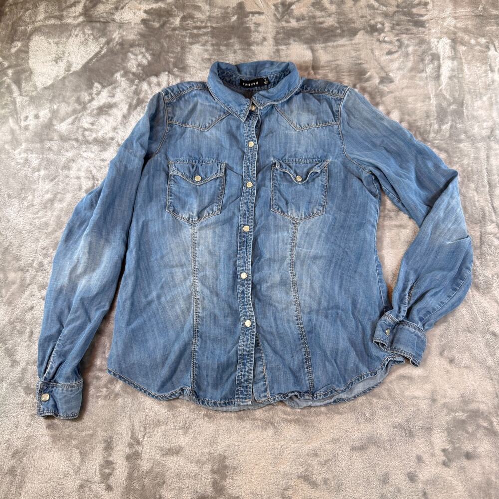 TROUVÉ Womens Size Small S 100% Lyocell Blue Chambray Pearl Snap Western Shirt